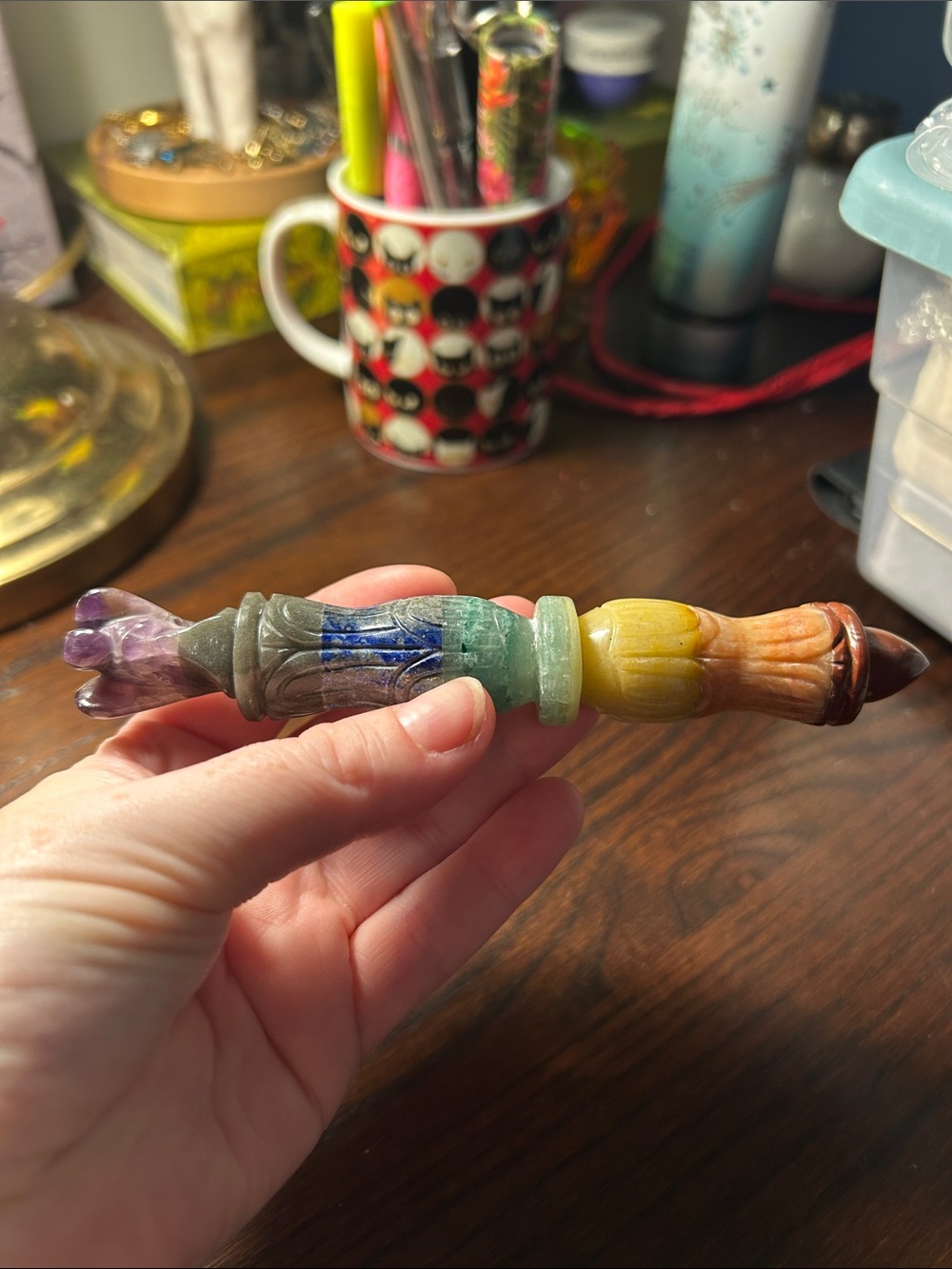 Carved Natural Stone Wand with amethyst and flourite Healing Tool